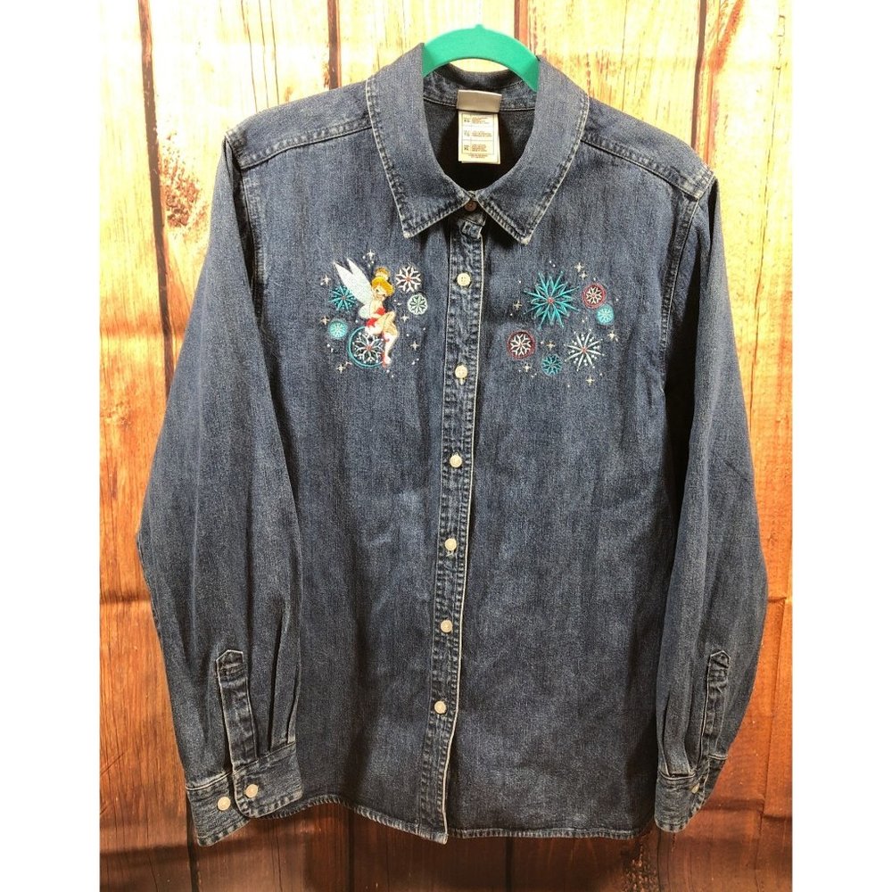 Disney Shopping Christmas Holiday Womens XL Tinker Bell Denim Jean Shirt (10e53)